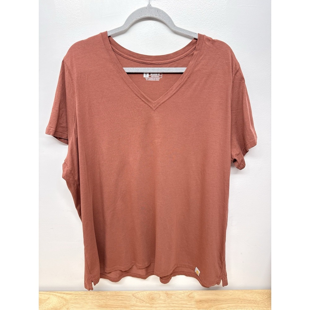 Carhartt Rust Relaxed Fit V-Neck Logo Cotton Womens T-Shirt 2XL 20/22 Plus  #49